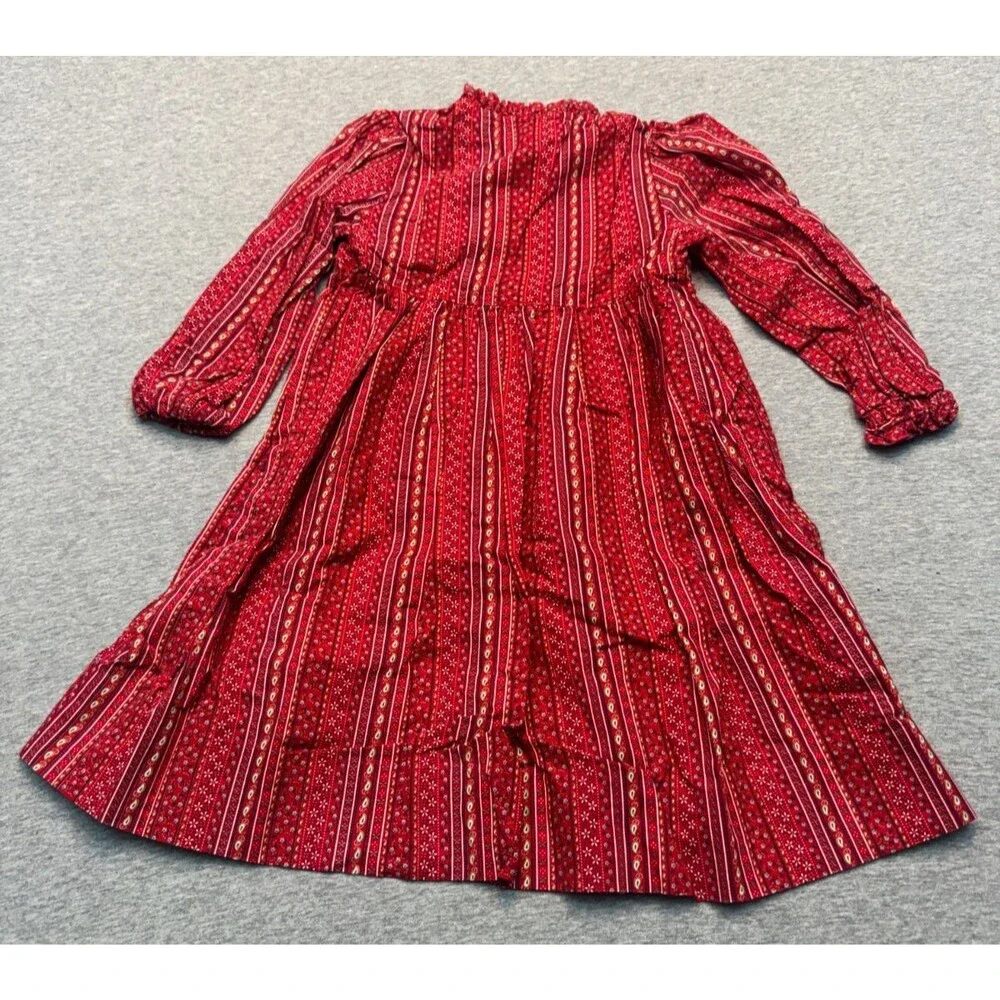 Vintage 1980s Heather Holloway Girls Prairie Dress Red Calico Floral Size 4/5